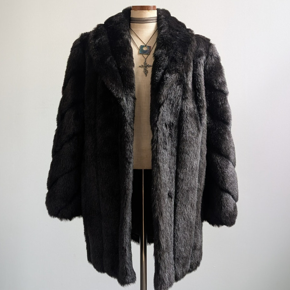 Vintage Black Faux Fur Coat Fur Trim Jacket Mob Wife Minimalist Goth Chic Medium - Picture 3 of 12